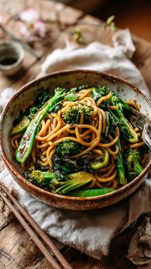 Top-down shot of a bowl of ginger soy veggie noodles with broccoli, snow peas, and zucchini on a wooden table.
