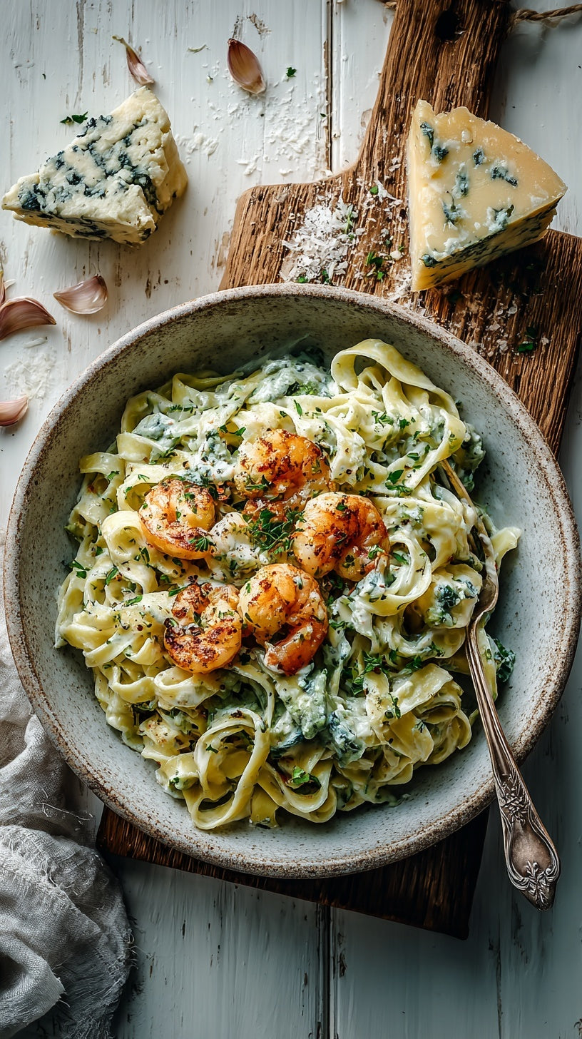 LOW CARB Garlic Prawn Fettuccine with Blue Brie Cheese – Qetoe Low
