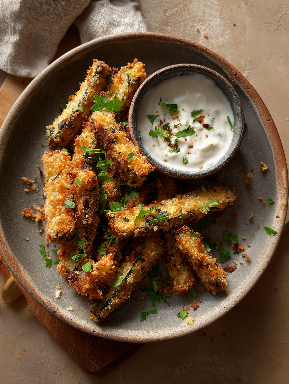 CRISPY BAKED EGGPLANT STICKS WITH YOGURT GARLIC DIP