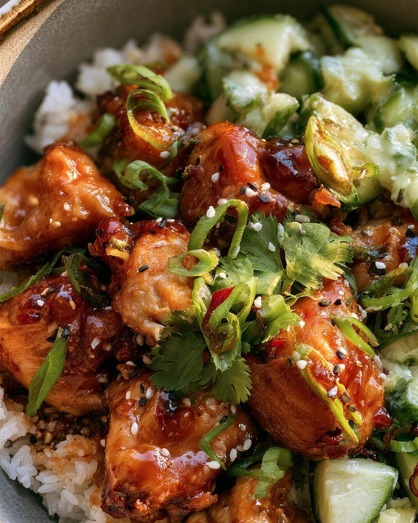 Low Carb Sticky Sweet Chilli Chicken Rice Bowl with Smashed Cucumber