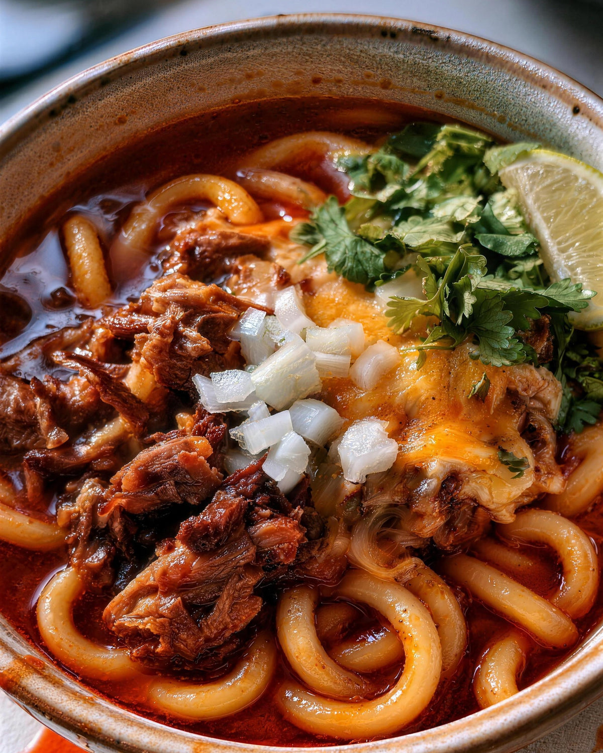 A bowl of birria noodles with shredded beef in red chilli consomme, melted cheese, diced onion, coriander and a lime wedge