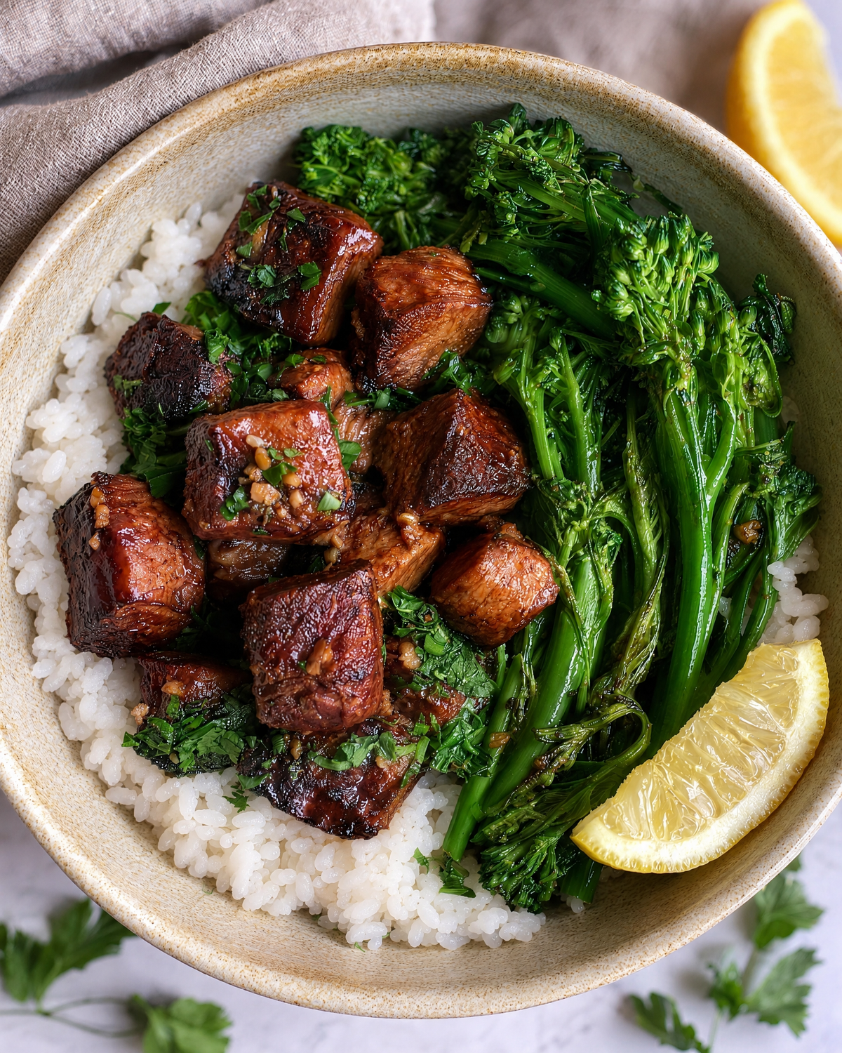 A bowl of seared garlic butter steak bites over white rice with broccolini and a lemon wedge