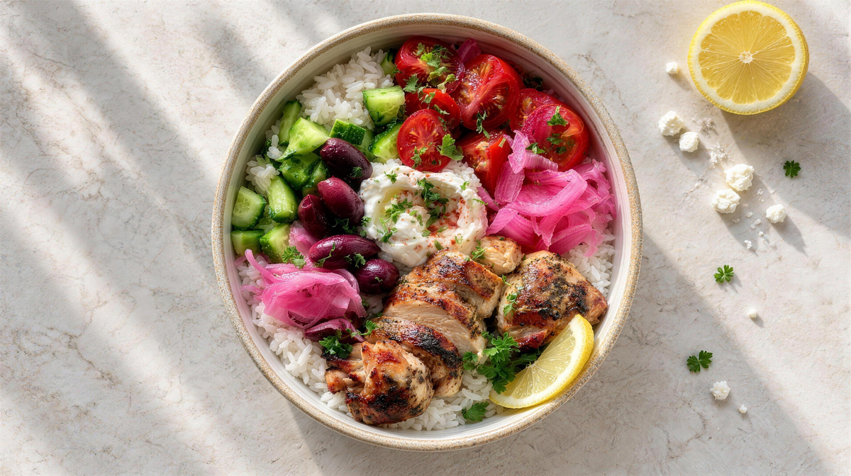 Top-down view of a Greek chicken rice bowl with fluffy white Qetoe Rice, charred chicken, whipped feta, cucumber, tomatoes, olives and pickled onion