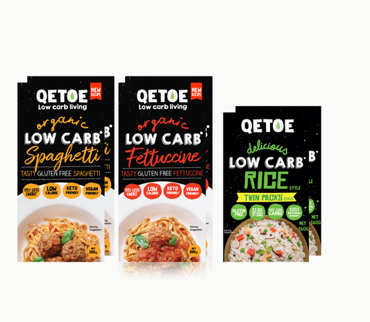 Qetoe Combo Starter Pack. 2 Qetoe Spaghetti pack, 2 Qetoe Fettucine Pack & 2 X Qetoe Rice Pack 160g.