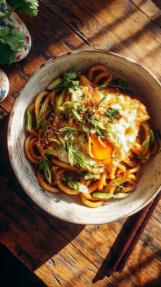 GARLIC CHILLI OIL NOODLES WITH CRISPY EGGS