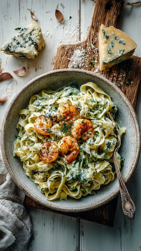 LOW CARB Garlic Prawn Fettuccine with Blue Brie Cheese