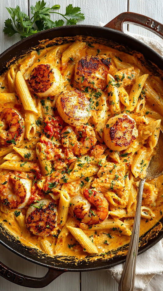 LOW CARB Creamy Marinara Penne with Prawns & Scallops