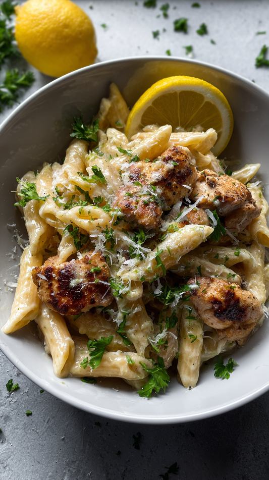 LOW CARB CREAMY LEMON CHICKEN PENNE (HIGH PROTEIN COMFORT FOOD)