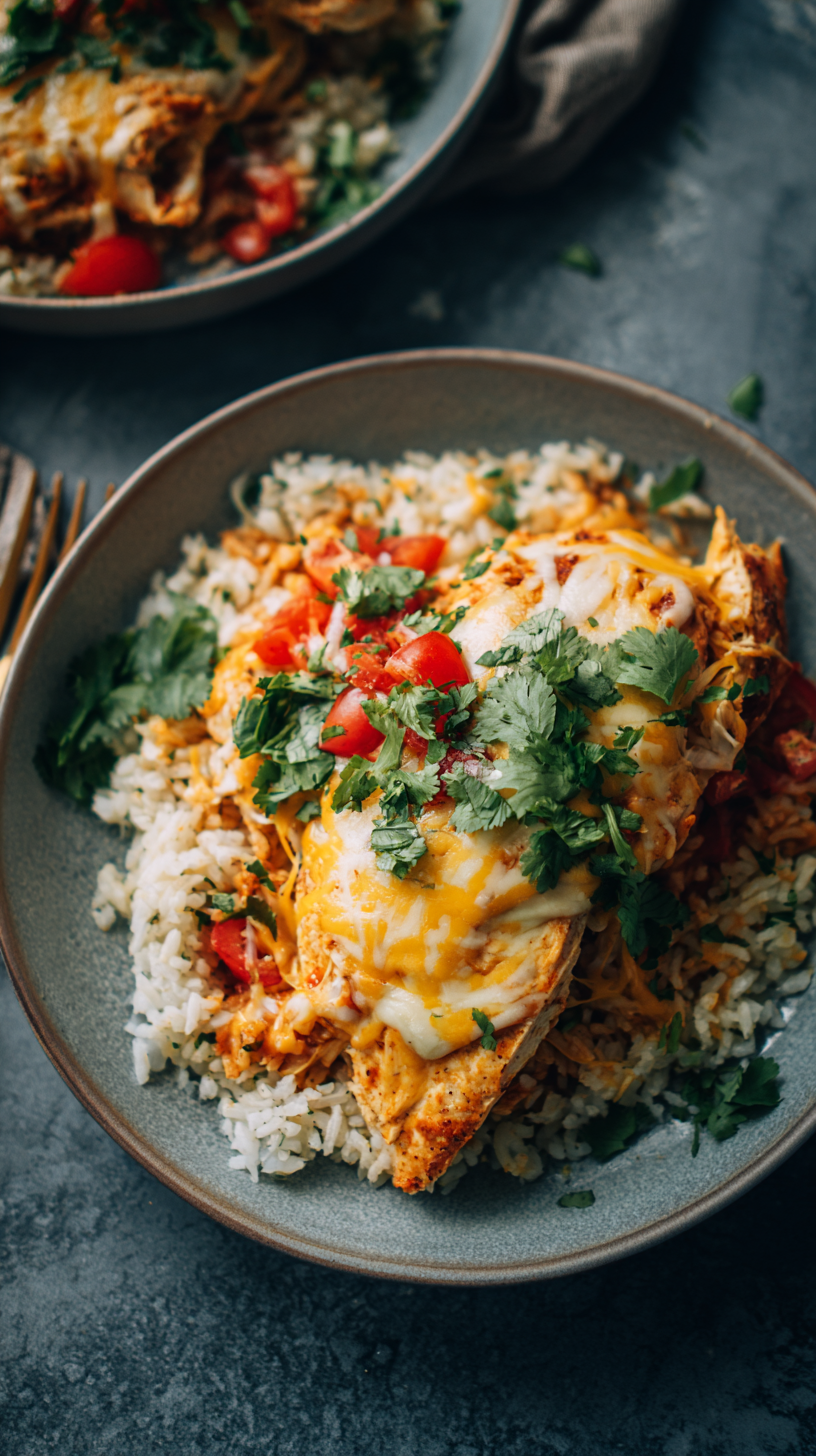 Chicken enchilada rice bowls with capsicum, melted cheddar and fresh coriander