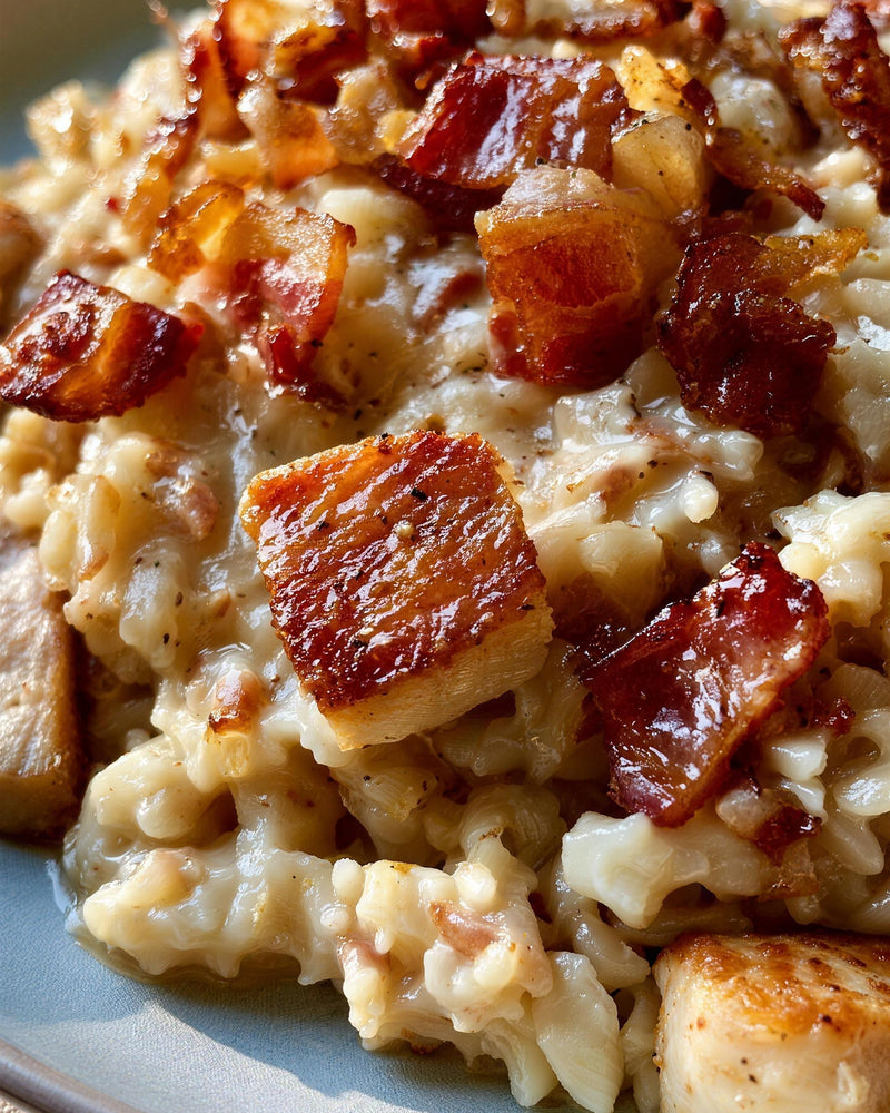Creamy chicken and bacon risotto made with Qetoe Rice, topped with golden chicken and crispy bacon