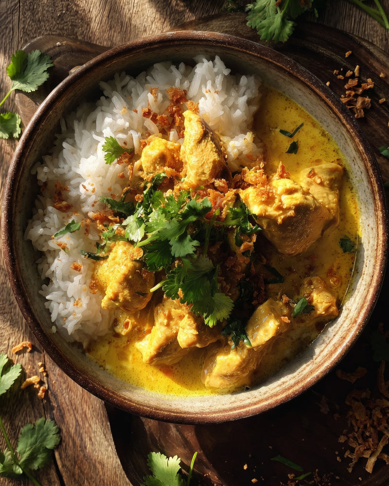 Bowl of creamy yellow coconut chicken curry over fluffy Qetoe Rice, topped with coriander and crispy fried shallots