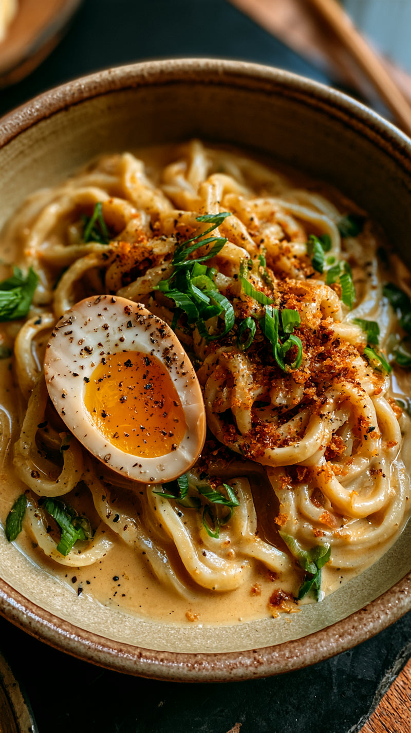 Bowl of creamy miso garlic ramen with thick noodles, a jammy soft-boiled egg, spring onion and chilli crisp
