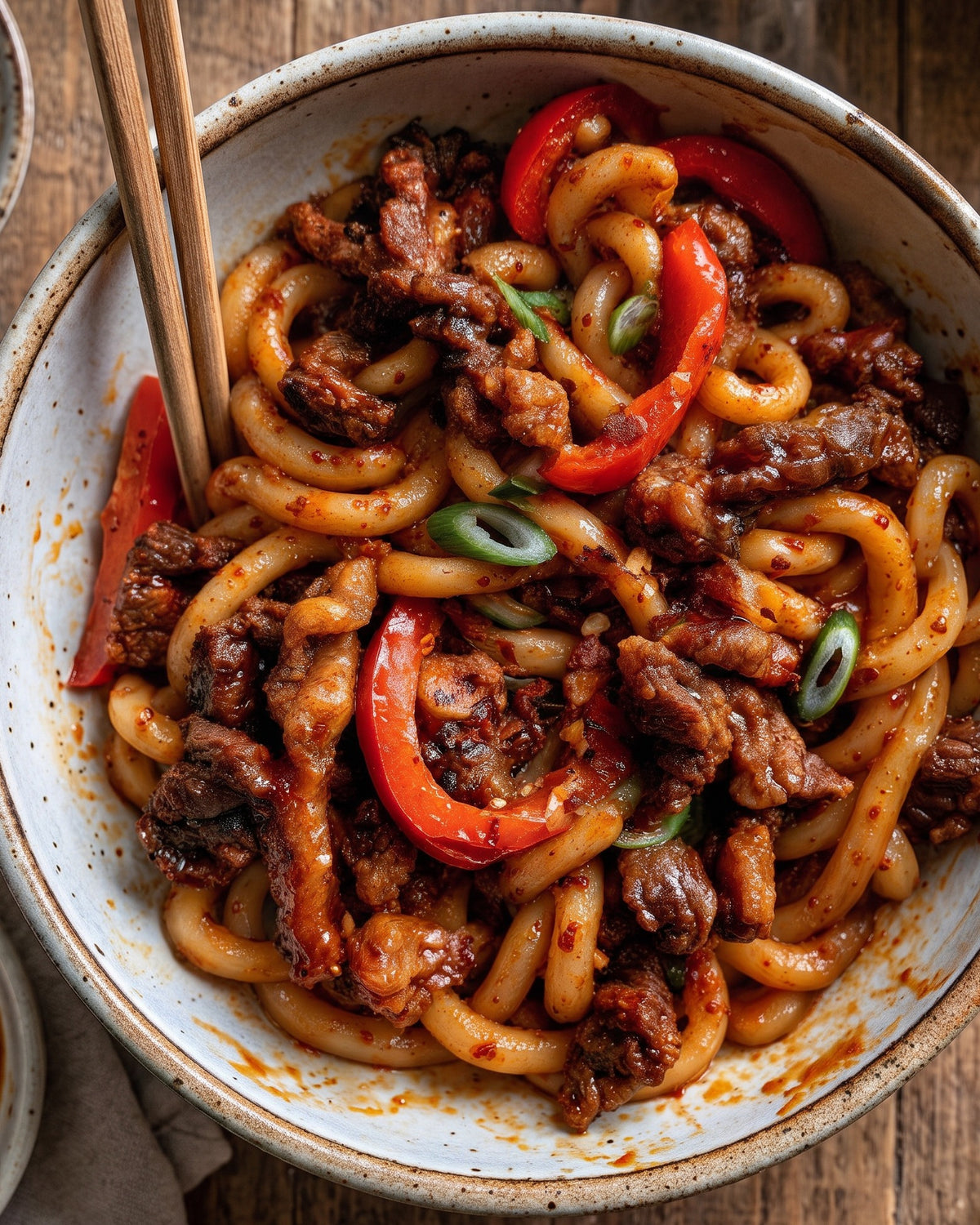 Crispy chilli beef tossed with thick low carb noodles, capsicum and spring onion