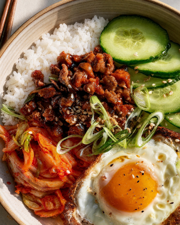 Low Carb Korean Beef Rice Bowl with Kimchi and Fried Egg