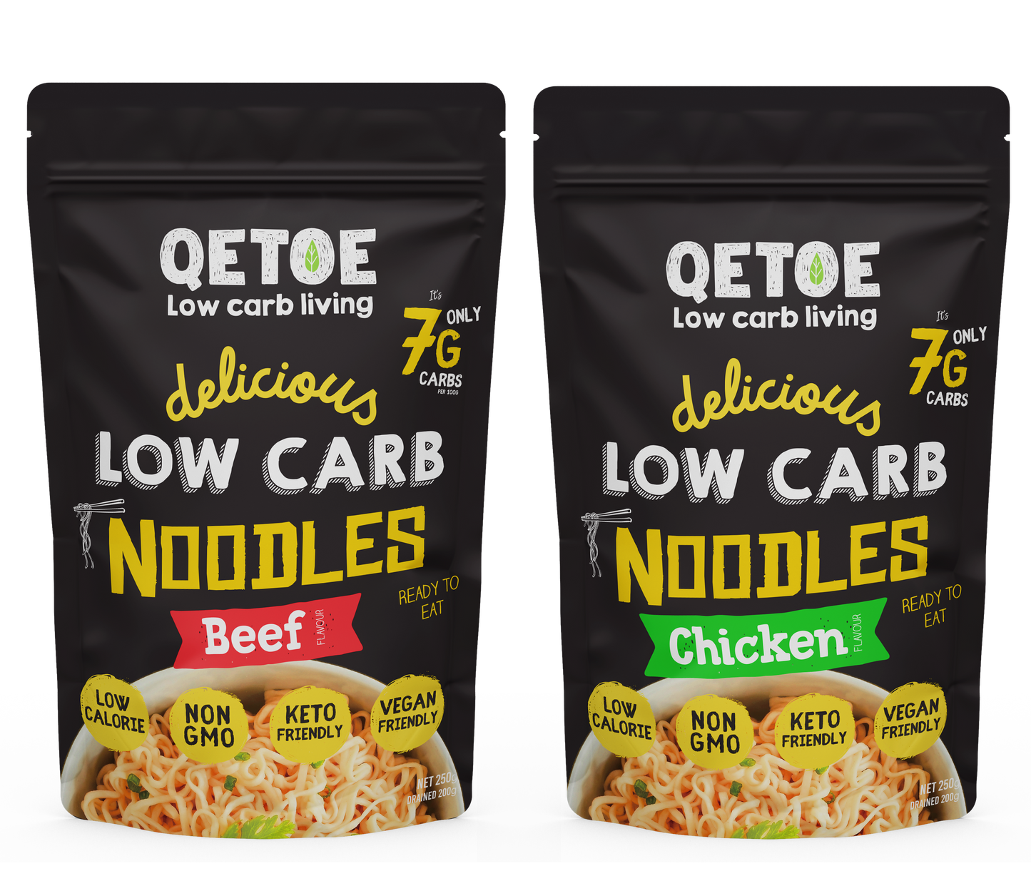 Qetoe Low Carb Instant Noodle Pack - 2x Chicken and 2 x Beef Flavour Packs
