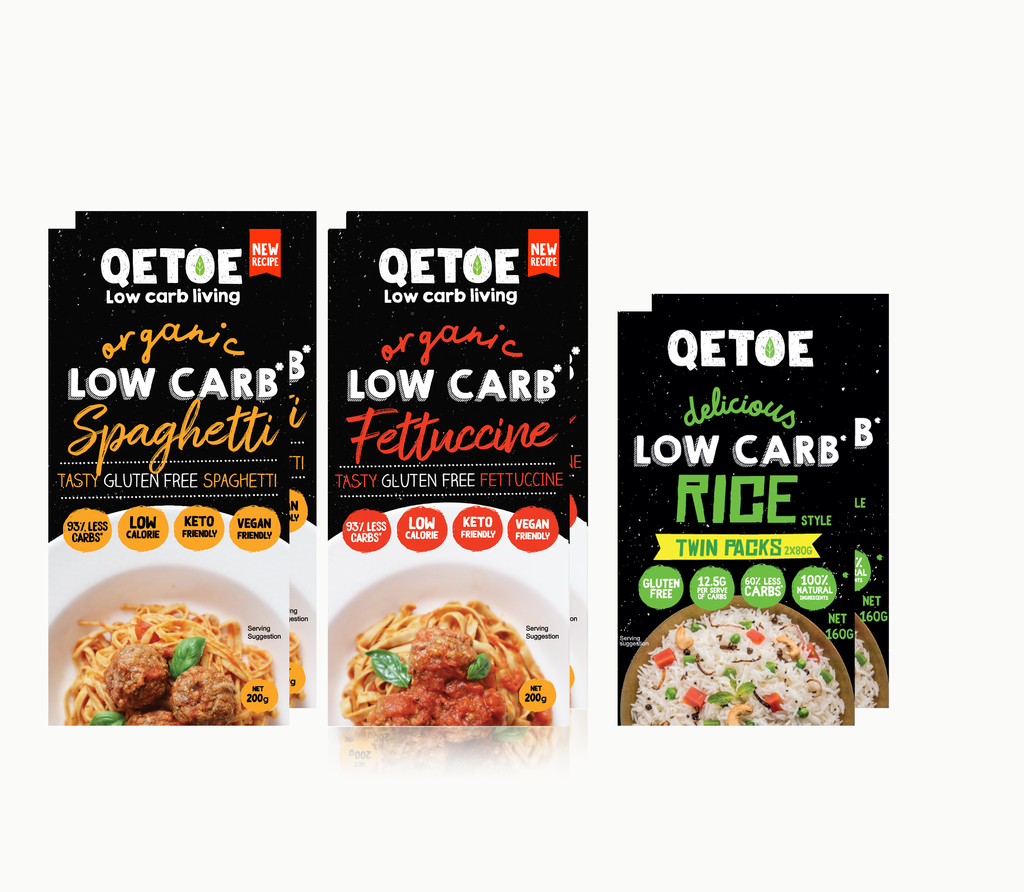 Qetoe Combo Starter Pack. 2 Qetoe Spaghetti pack, 2 Qetoe Fettucine Pack & 2 X Qetoe Rice Pack 160g.
