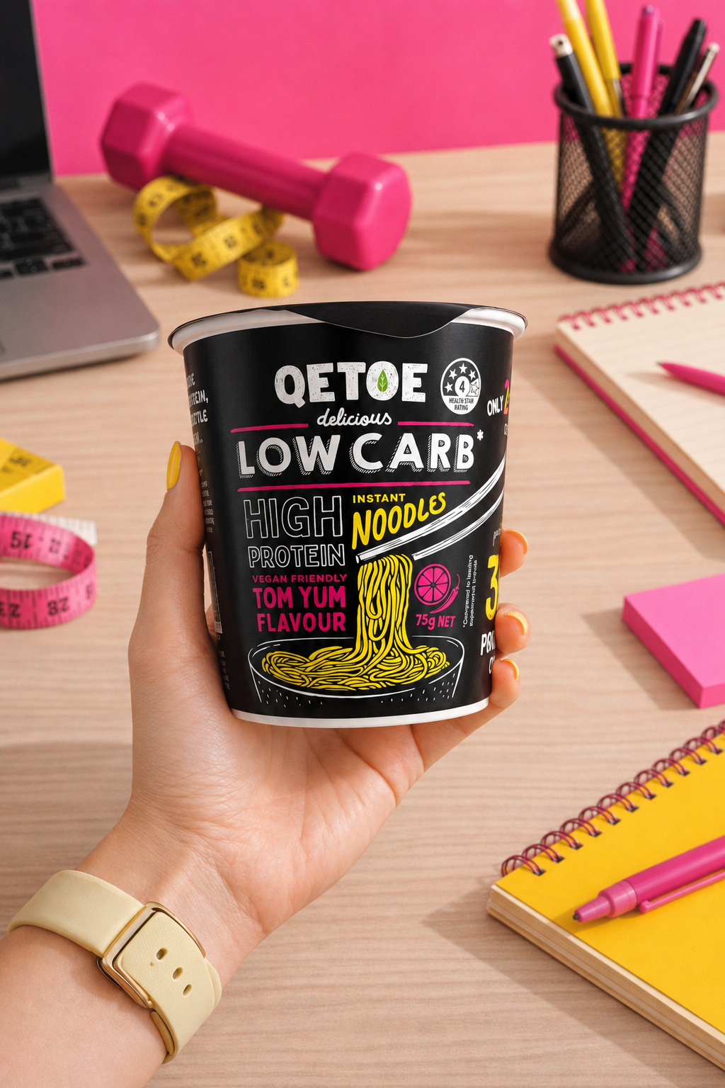Qetoe Low Carb High Protein Instant Cup Noodle - Tom Yum Flavour - Single Pack